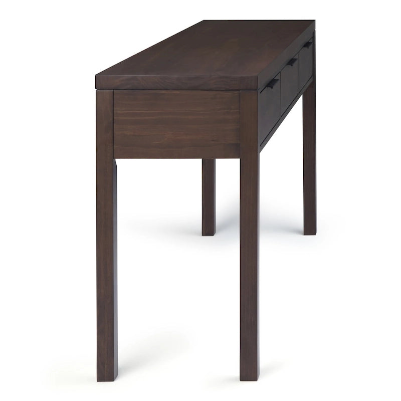 150 cm breed massiefhouten consoletafel in eigentijdse stijl met 3 laden, in warm walnootbruin