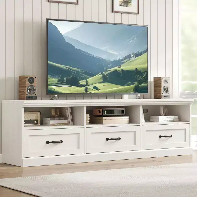 Mobile porta TV in stile modernista di metà secolo da 70 con cassetto contenitore e ripiani aperti