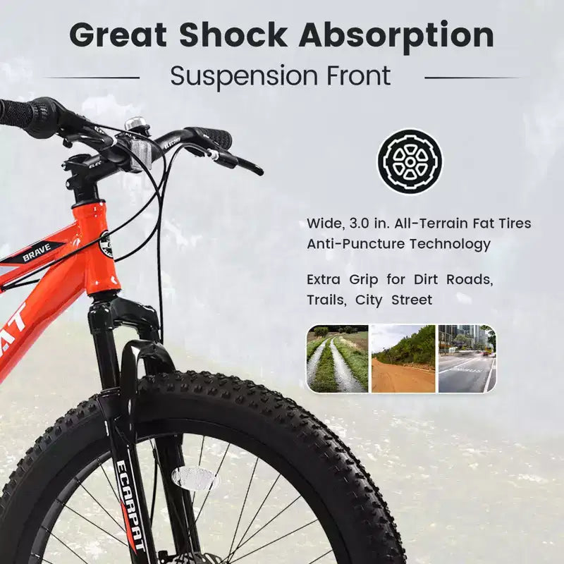 Bicicletta Okak da 24IN con pneumatici larghi e sospensione anteriore, mountain bike a 7 velocità con freno a disco e telaio in acciaio ad alto tenore di carbonio, bici da trail per gli spostamenti