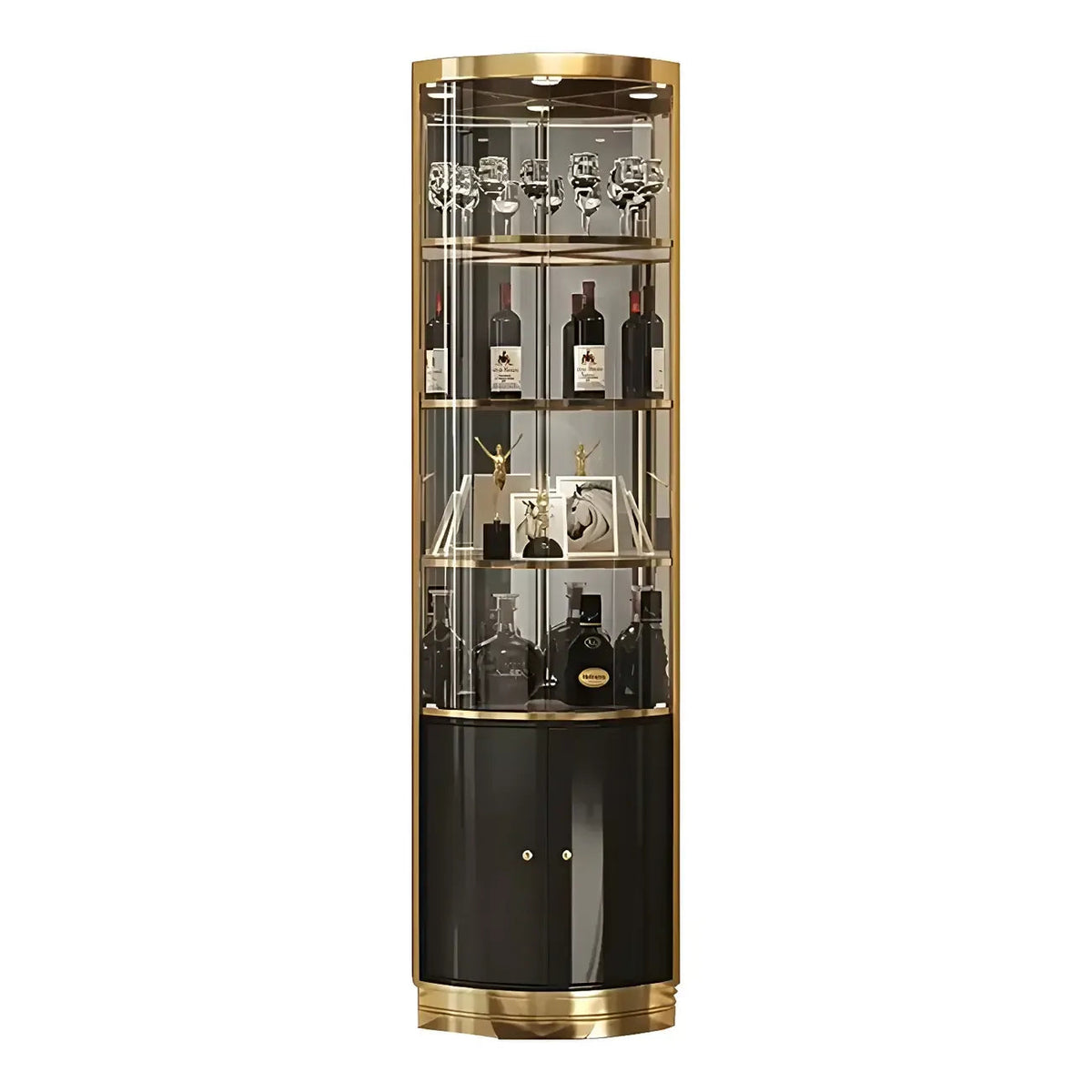 Glamouröser, glänzender Vitrinenschrank aus Glas und goldfarbenem Metall mit abgerundeter Ecke