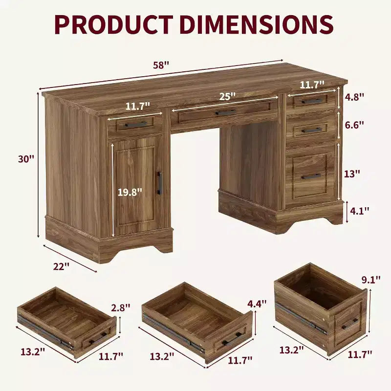 Bureau de direction de style campagnard pour bureau à domicile avec rangement, bureau d’écriture en bois avec 5 tiroirs et armoire, table d’ordinateur rustique pour le salon, la chambre ou le bureau de travail