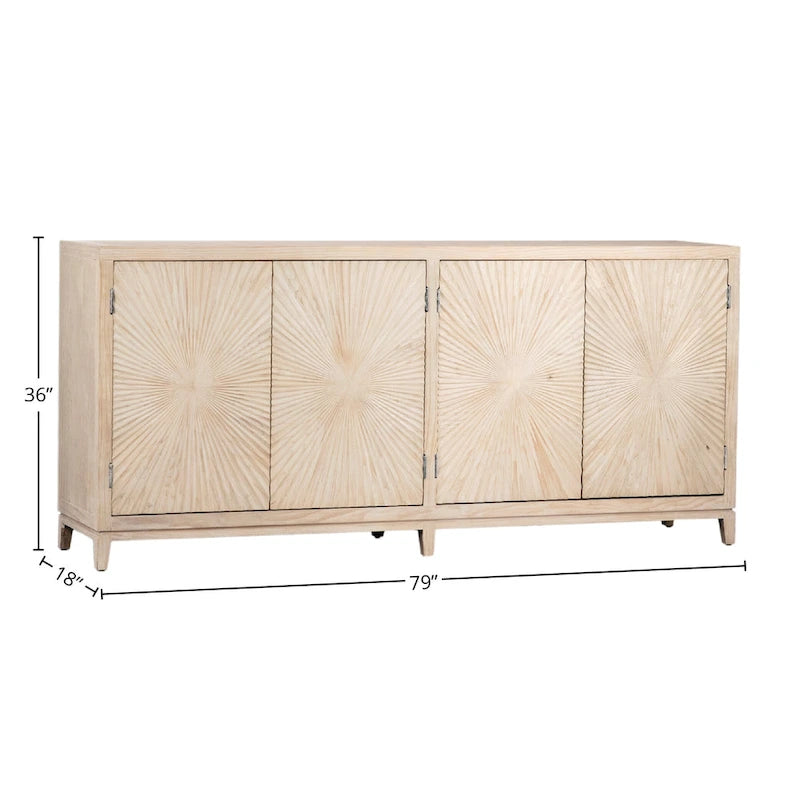 Isabelle Sideboard, 79 Zoll, Kiefer in heller Waschoptik, 4 Türen mit handgeschnitzten Sonnenstrahlmustern