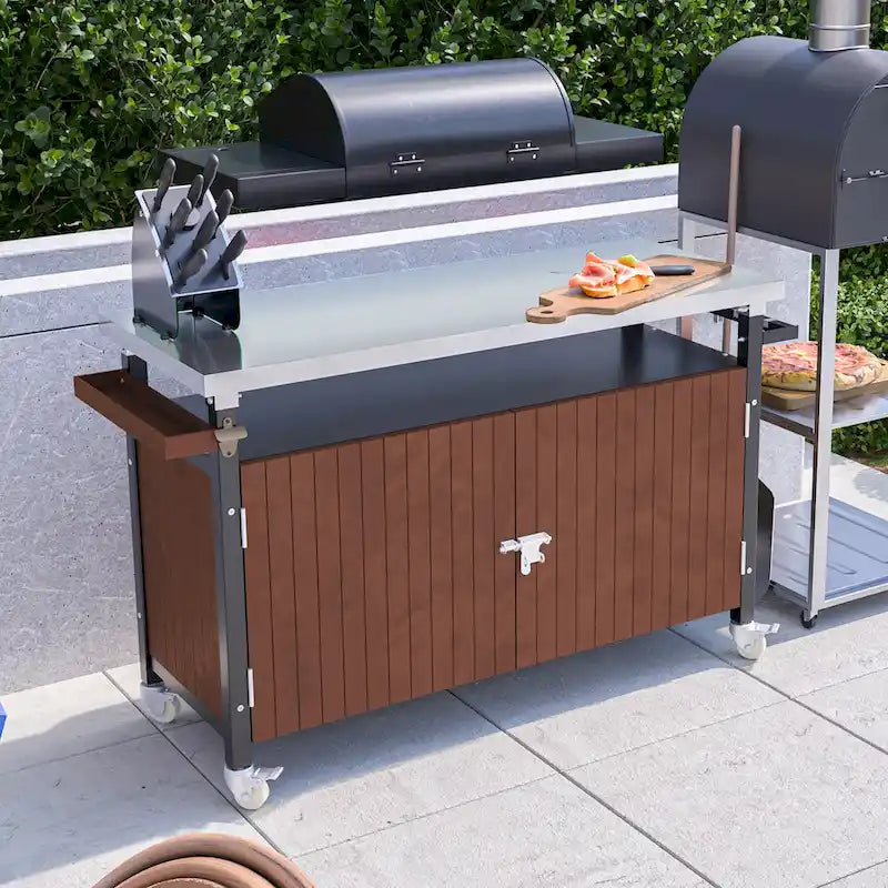 Grillwagen für draußen mit Tischplatte aus Edelstahl (Hocker nicht im Lieferumfang enthalten)