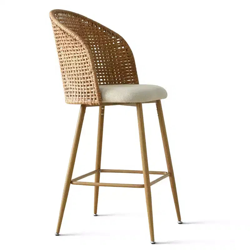 Set of 2 Natural Rattan Bar Stools, 29 Bar Height Boho Upholstered High Chairs with Woven Back - Panipeachy
