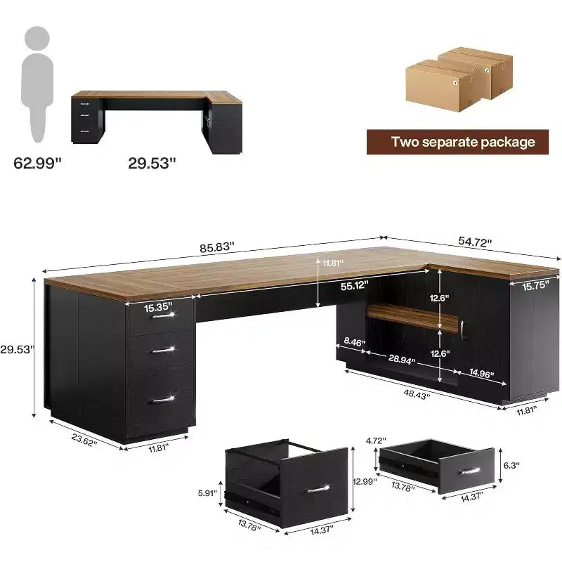 Bureau de direction d’angle Lantine 85.8 en forme de L, extra large, pour ordinateur, avec tiroirs classeurs pour bureau à domicile