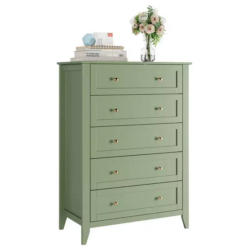 Commode de chambre à 5 tiroirs, hauteur de 42.5 pouces, armoire de rangement en bois avec tiroirs de 11.9 pouces de profondeur et poignées en métal doré, idéale pour l'entrée ou le couloir