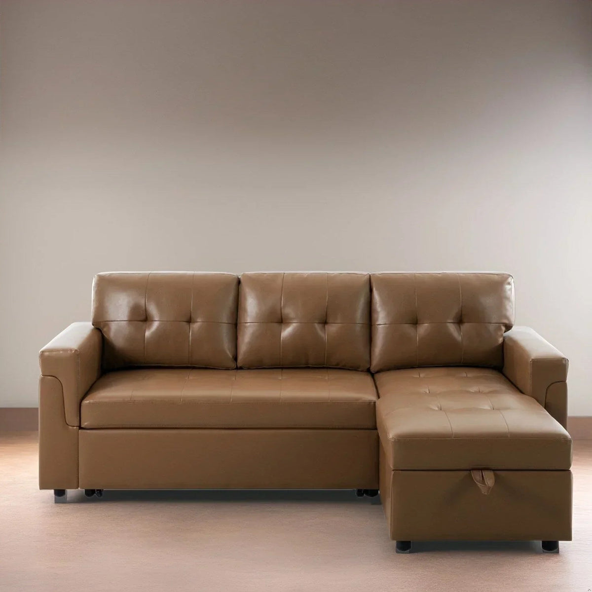 Umbaubares, beidseitig montierbares Ecksofa mit ausziehbarem Schlafbett, verstecktem Stauraum in der Recamiere und robusten Beinen
