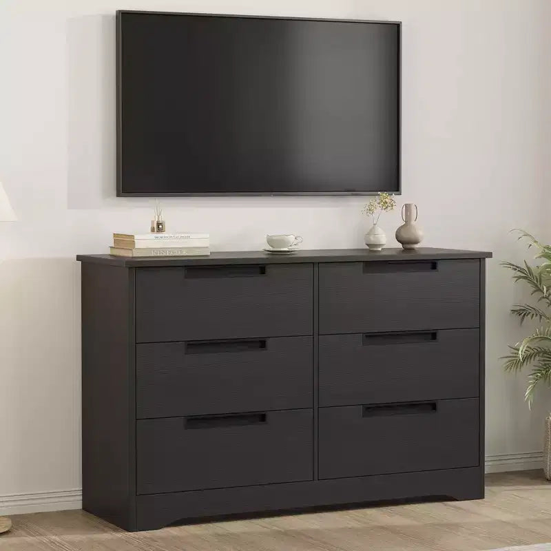 Kommode mit 6 Schubladen fürs Schlafzimmer, 46.8W, aus Holz, mit eingelassenen Griffen, Aufbewahrungsschrank für Kleidung, Kommode oder TV-Ständer für den Flur