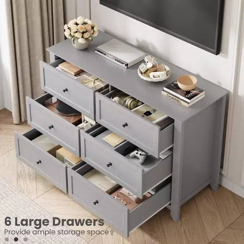 Kommode mit 6 Schubladen fürs Schlafzimmer, große Kommode mit tiefen Schubladen und Metallgriffen, moderne Holzkommode für Eingangsbereich und Flur