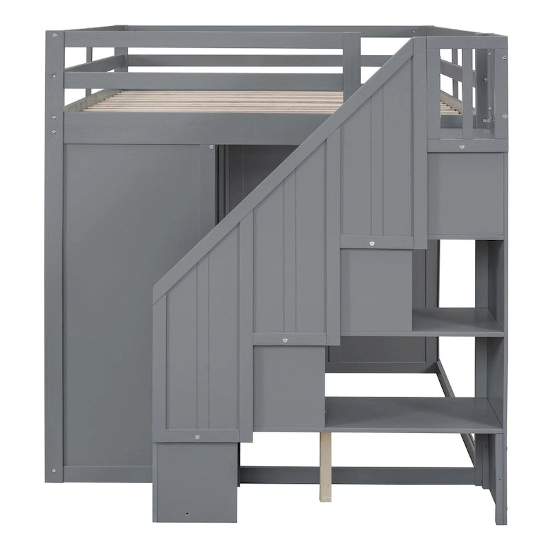 Graues Hochbett aus Massivholz mit Kleiderschränken, Schubladen und Treppe mit Stauraum