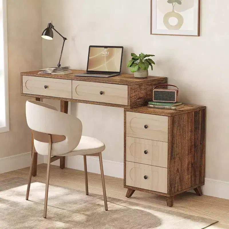 Lantine schrijftafel van 39 inch met 5 laden en uittrekbare kast, kleine uitschuifbare computer- en kaptafel voor kleine ruimtes, bruin