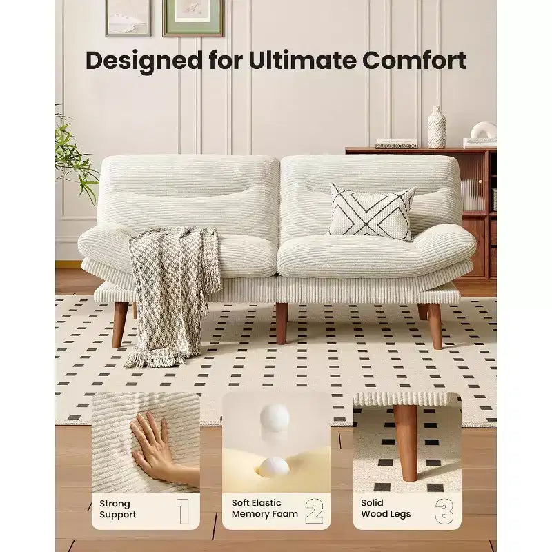 66-Zoll-Schlafsofa aus Cord mit verstellbarer Rückenlehne und Armlehnen, geeignet für kleine Räume, Wohnzimmer oder Büros, auch als Futonsofa nutzbar.
