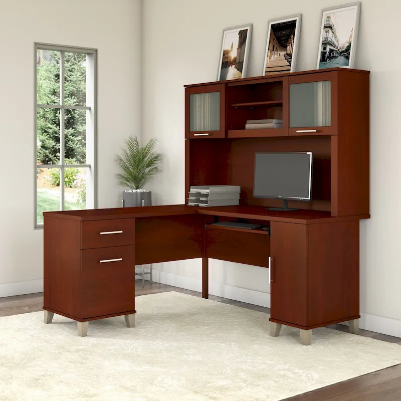 Bureau Bush Furniture Somerset 60W en forme de L avec meuble de rangement supérieur