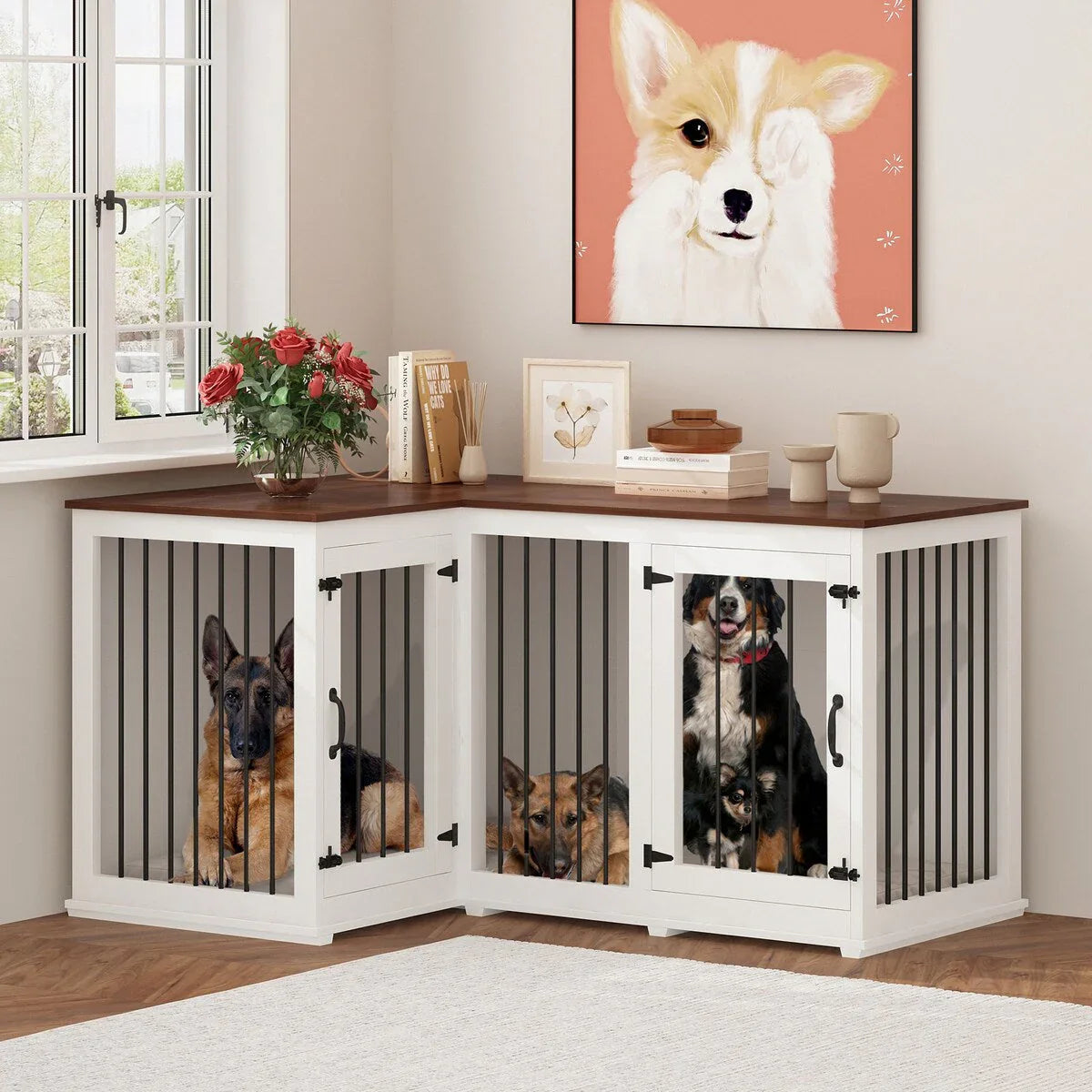 Große Eck-Hundebox als Möbelstück für 2 Hunde, Hundekäfig in L-Form - 58.7X41.1