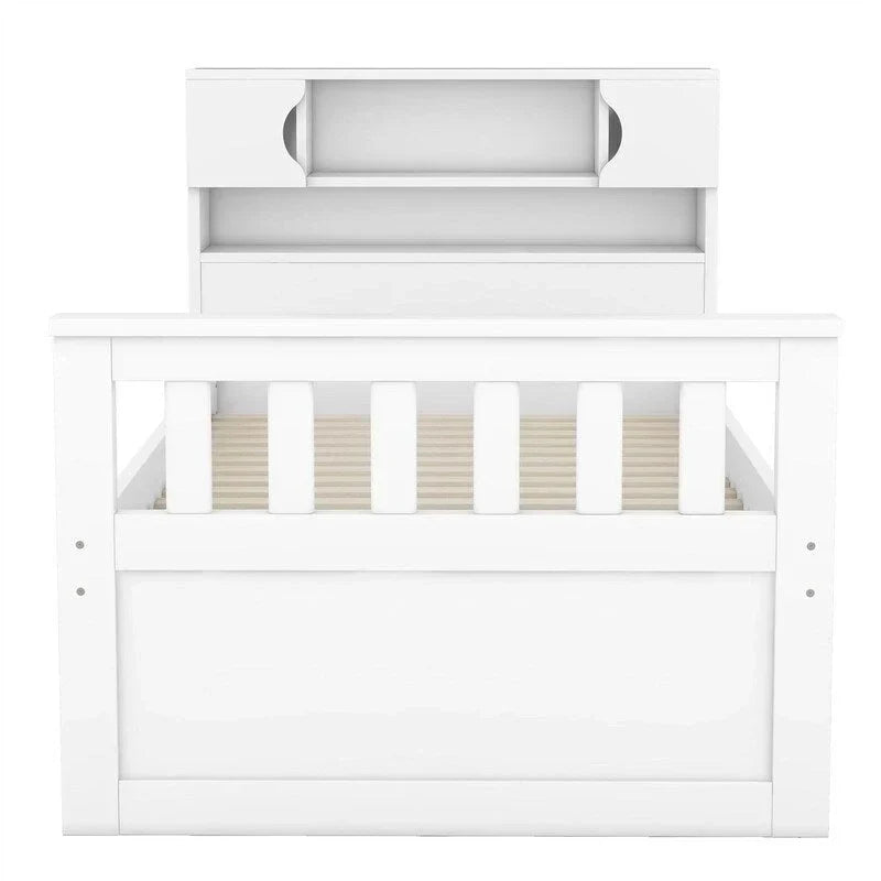 Letto a piattaforma Captain singolo/matrimoniale con 4 cassetti e ripiani contenitori, struttura in legno massello con testiera libreria contenitore