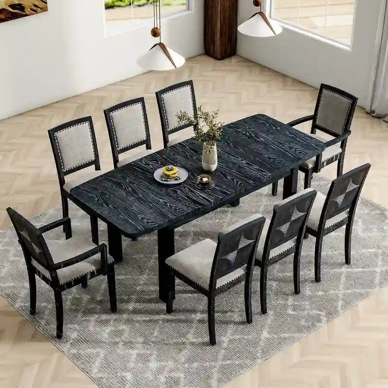 9-teiliges ausziehbares Esszimmer-Set mit 24inch Einlegeplatte, 6 gepolsterten Esszimmerstühlen ohne Armlehnen und 2 gepolsterten Armlehnstühlen