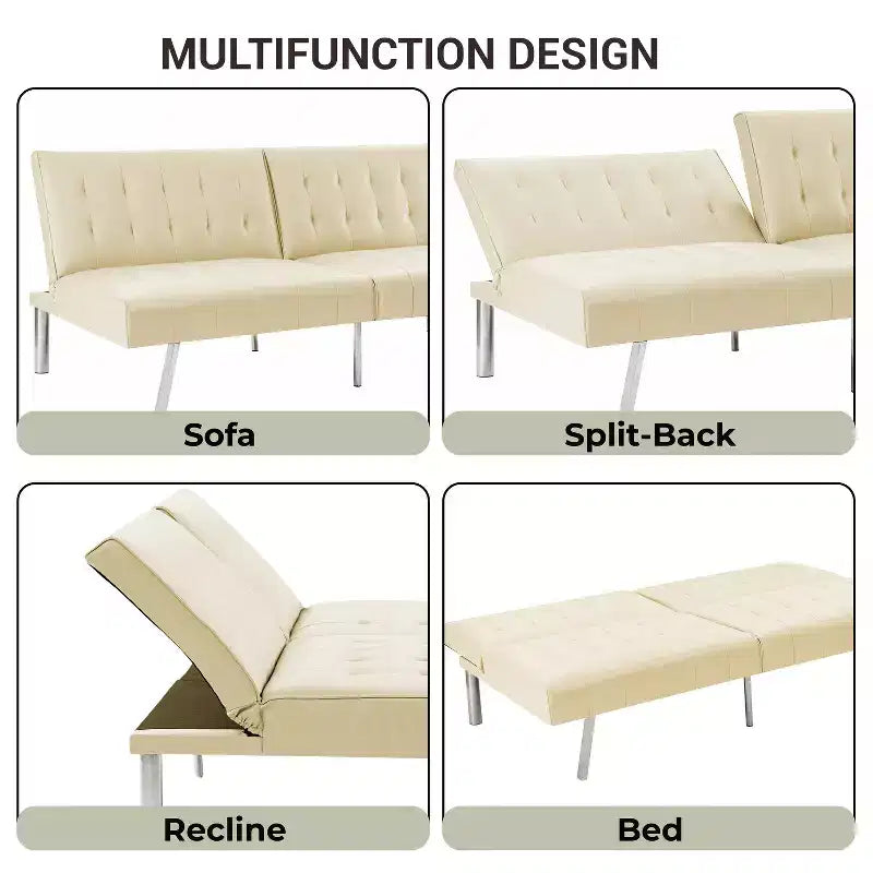 Getuftetes Futonsofa mit geteilter Rückenlehne, Schlafsofa mit verchromten Beinen