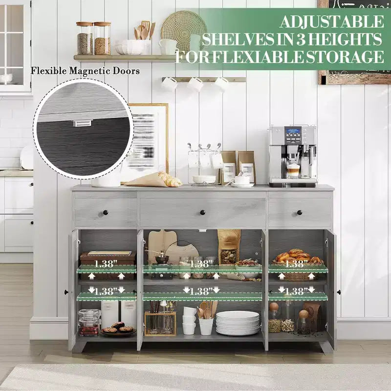 Buffet 55 avec 3 tiroirs et 4 portes, meuble de rangement de cuisine avec étagère réglable, pour la salle à manger ou le salon