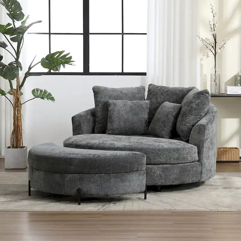 Fauteuil canapé moderne rond de style tonneau avec 5 coussins et pouf en option