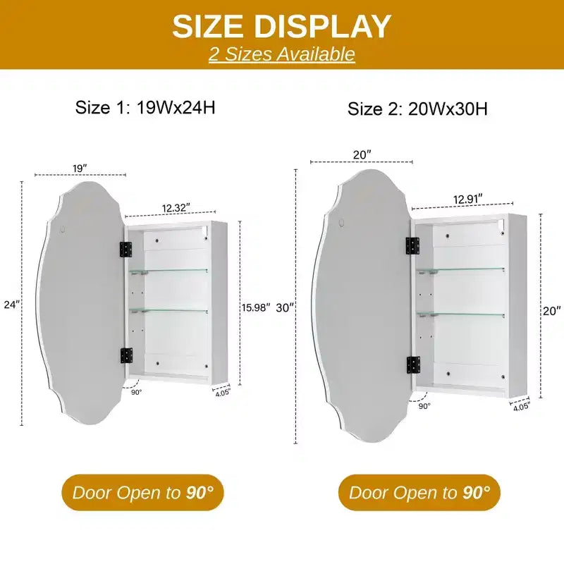 20 in. W x 30 in. H Armoire à pharmacie murale sans cadre, irrégulière et cintrée, avec miroir biseauté