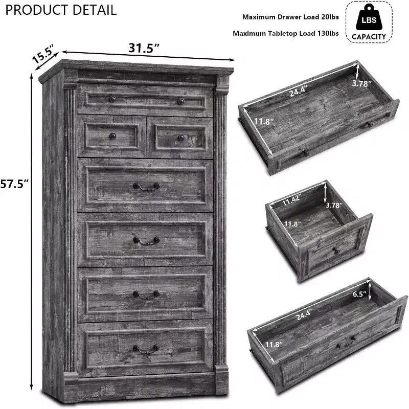 Cassettiera Mastgoal 57 in stile rustico con 7 cassetti, mobile contenitore in legno con colonna romana per camera da letto