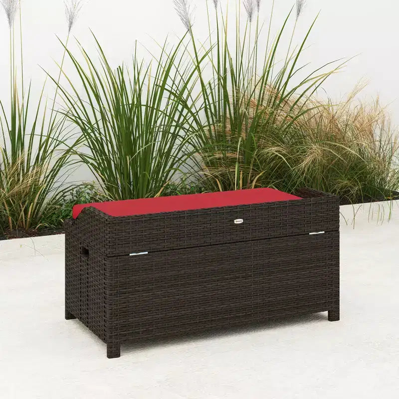Banc de rangement extérieur en osier avec coussin