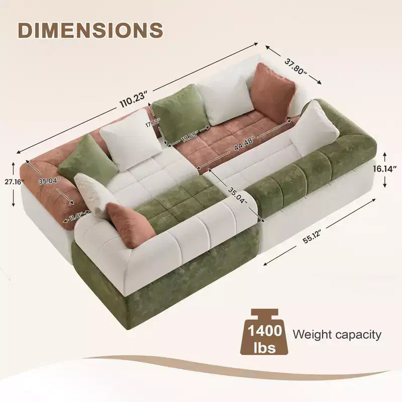 110.23 in. W modulares 4-Sitzer-Chenillesofa im Colorblock-Design mit geschwungenen Armlehnen