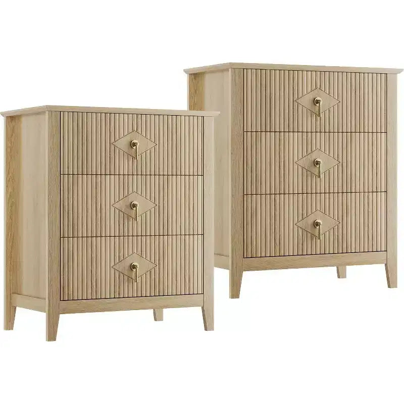 Lot de 2 tables de chevet en bois cannelé, commode de 27.5 de large à 3 tiroirs, tables de chevet modernes, commode pour chambre ou salon