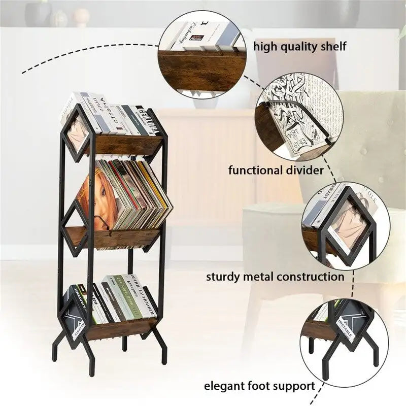 Meuble de rangement pour vinyles à 3 niveaux - 14.2D x 16.1W x 50H