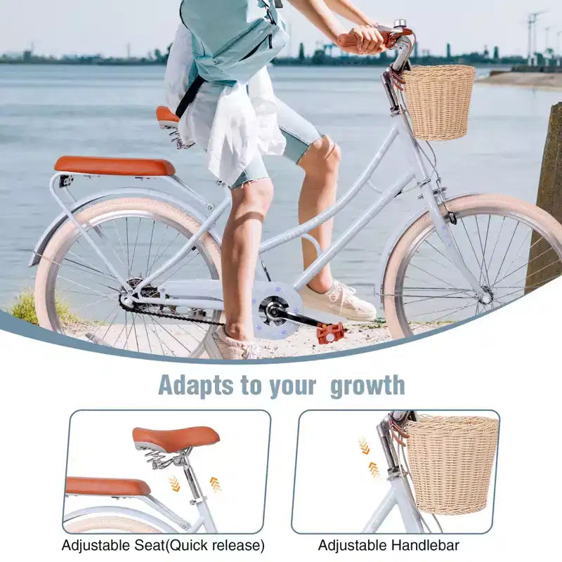 Vélo de plage NAYSAYE pour femme avec panier avant et cadre robuste, idéal pour les trajets urbains confortables en plein air, bleu, 63.98*24.53*38.82