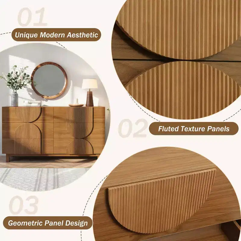 Moderne geometrische Kommode mit 6 Schubladen, breiter Stauraumschrank mit Halbkreismuster für Schlafzimmer und Wohnzimmer