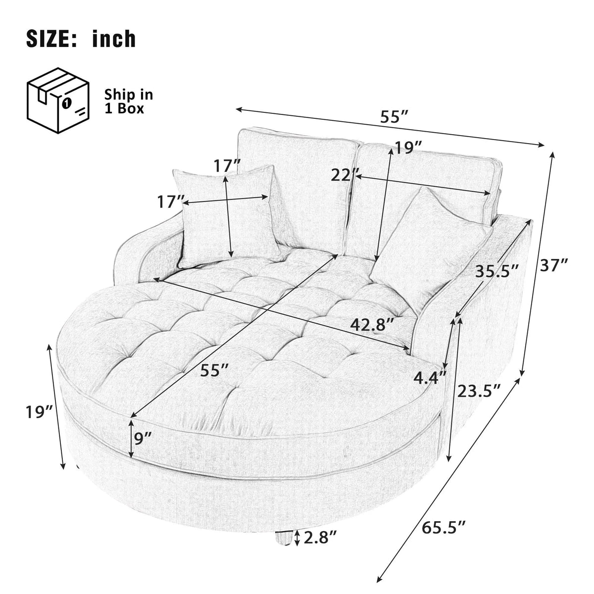 Chaiselongue-Schlafsofa aus Chenille, gepolstertes Sofa mit gesteppter Rückenlehne und 2 abnehmbaren Kissen für das Wohnzimmer