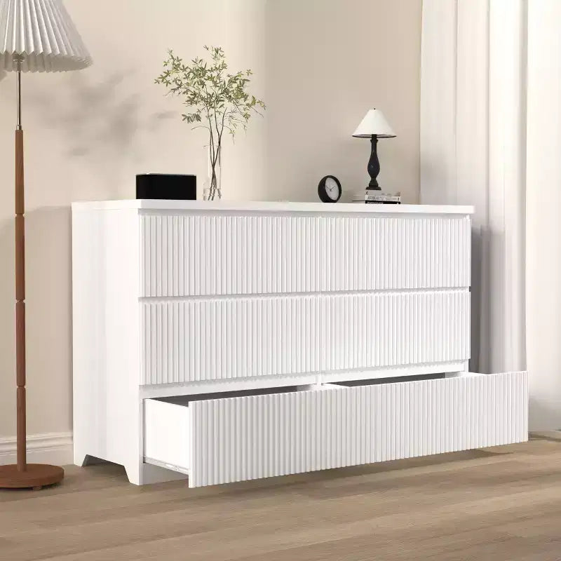 Kommode mit 6 Schubladen fürs Schlafzimmer, geriffelte Kommode mit einer Breite von 47, TV-Ständer aus Holz, Aufbewahrung für Kleidung im Schlafzimmer, Flur und Eingangsbereich