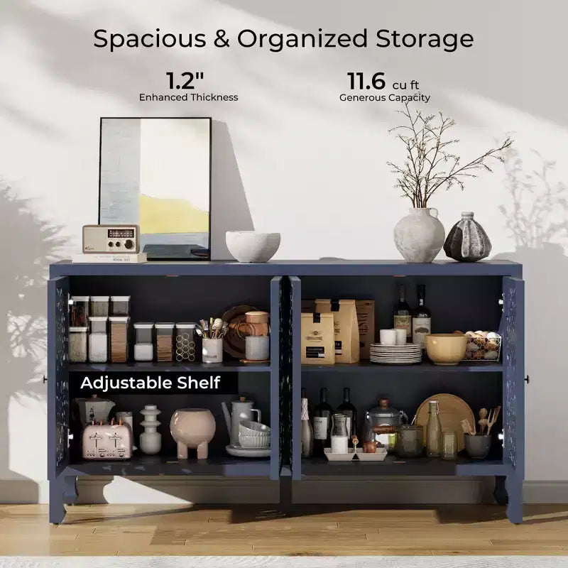 Buffetschrank mit Stauraum, Used-Look-Schrank mit 4 geschnitzten Türen und verstellbarem Einlegeboden, dekorative Holz-Anrichten