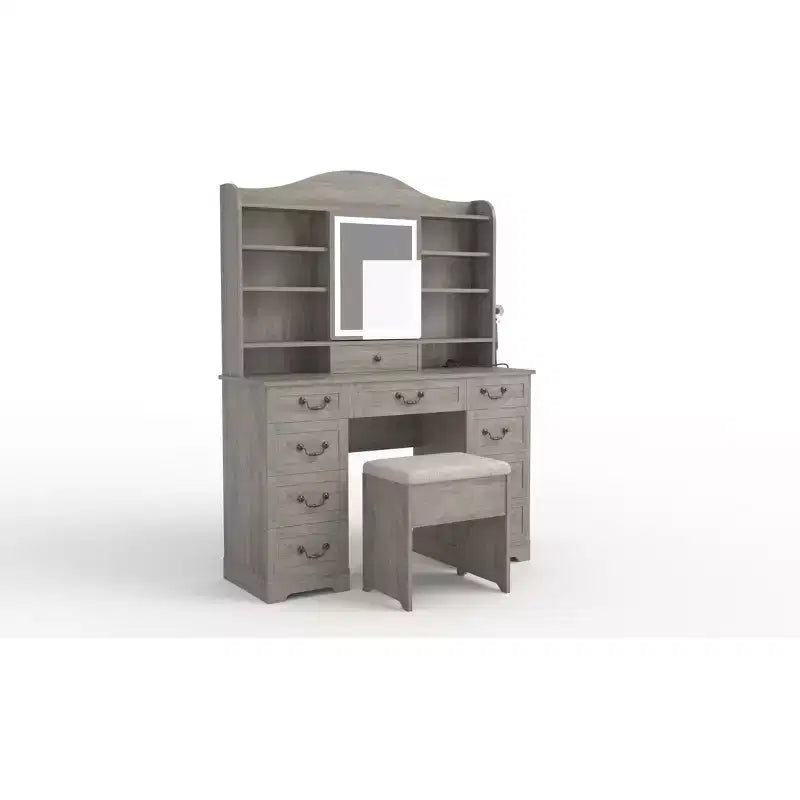 Toeletta con specchio e 10 cassetti, finitura noce, 10 ripiani e sgabello, per camera da letto, facile da montare