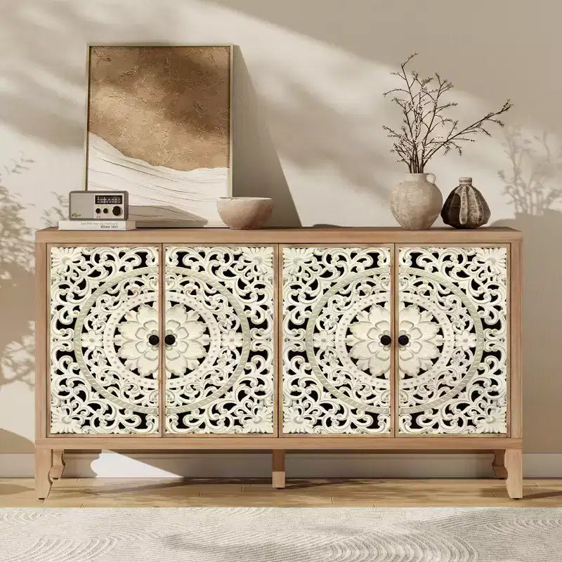 Buffetschrank mit Stauraum, Used-Look-Schrank mit 4 geschnitzten Türen und verstellbarem Einlegeboden, dekorative Holz-Anrichten