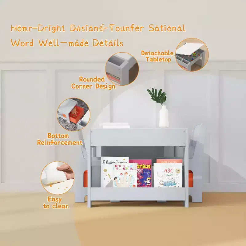 Activiteitentafelset 4-in-1 met afneembaar tafelblad, tafelset met laden en boekenkast, multifunctioneel peutermeubilair om te tekenen en lezen
