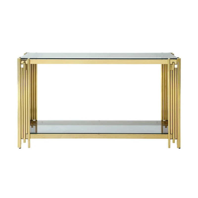 Schmaler Konsolentisch mit 2 Ebenen, goldfarbenem Metallgestell und Tischplatte aus gehärtetem Glas