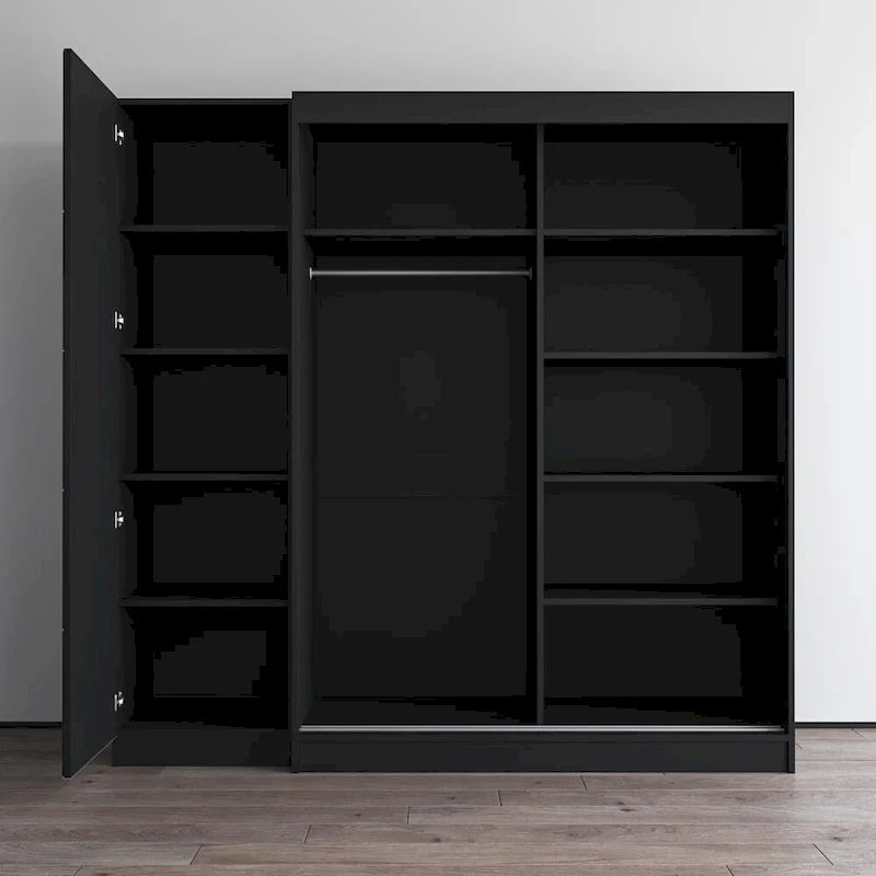Armoire à 2 portes avec miroir et façade en verre, pour 2 personnes (gris / noir / blanc)