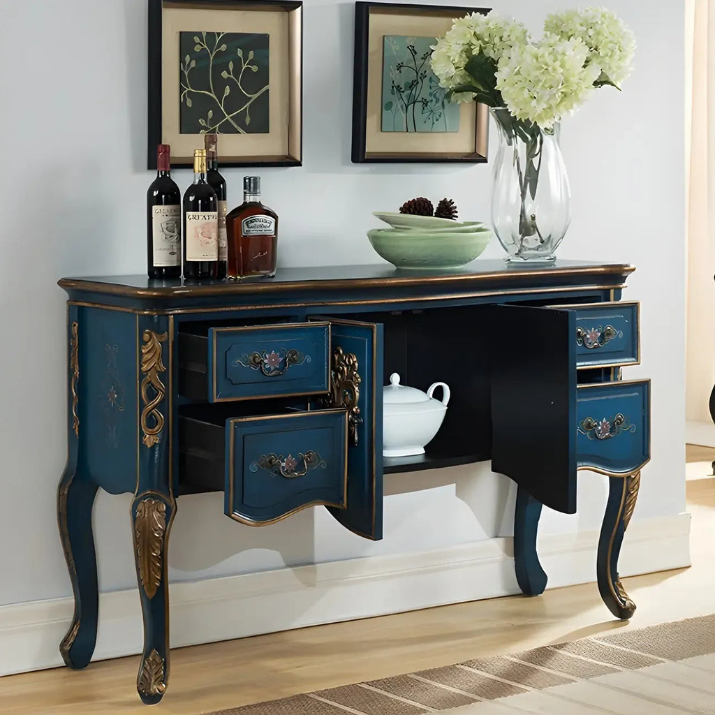 Franse houten koffiekleurige opbergconsoletafel met laden