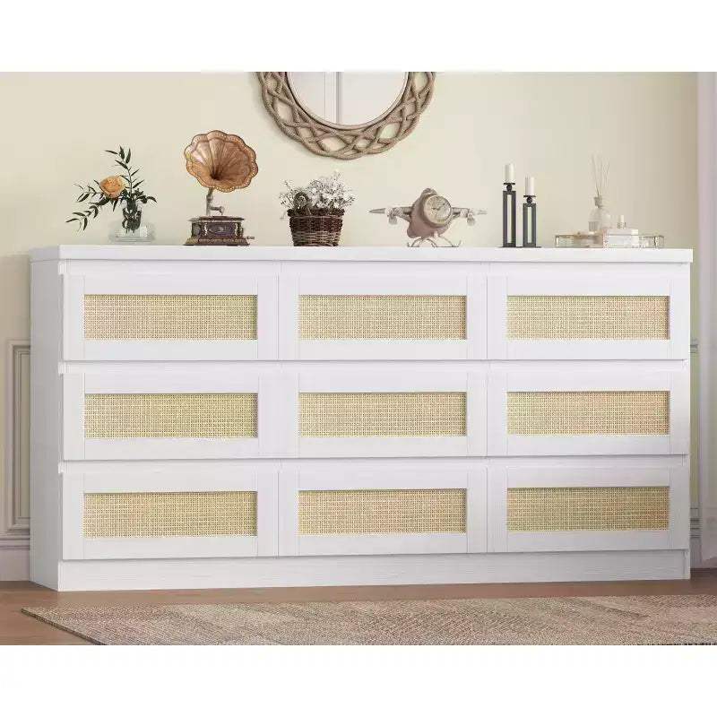 Dresser for Bedroom, Rattan 9 Drawer Dresser for Closet, Double Wood Dressers & Chest of Drawers