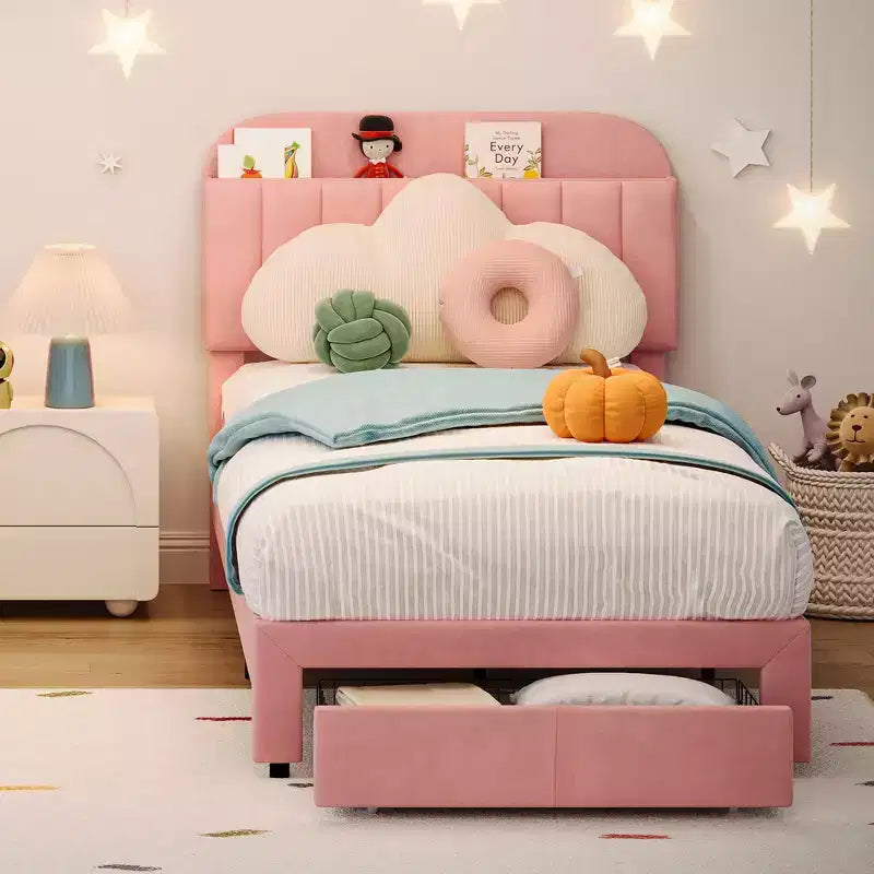 Lot de 2 cadres de lit simple avec tiroirs de rangement et tête de lit, revêtement en velours, profil bas, silencieux, montage facile, rose