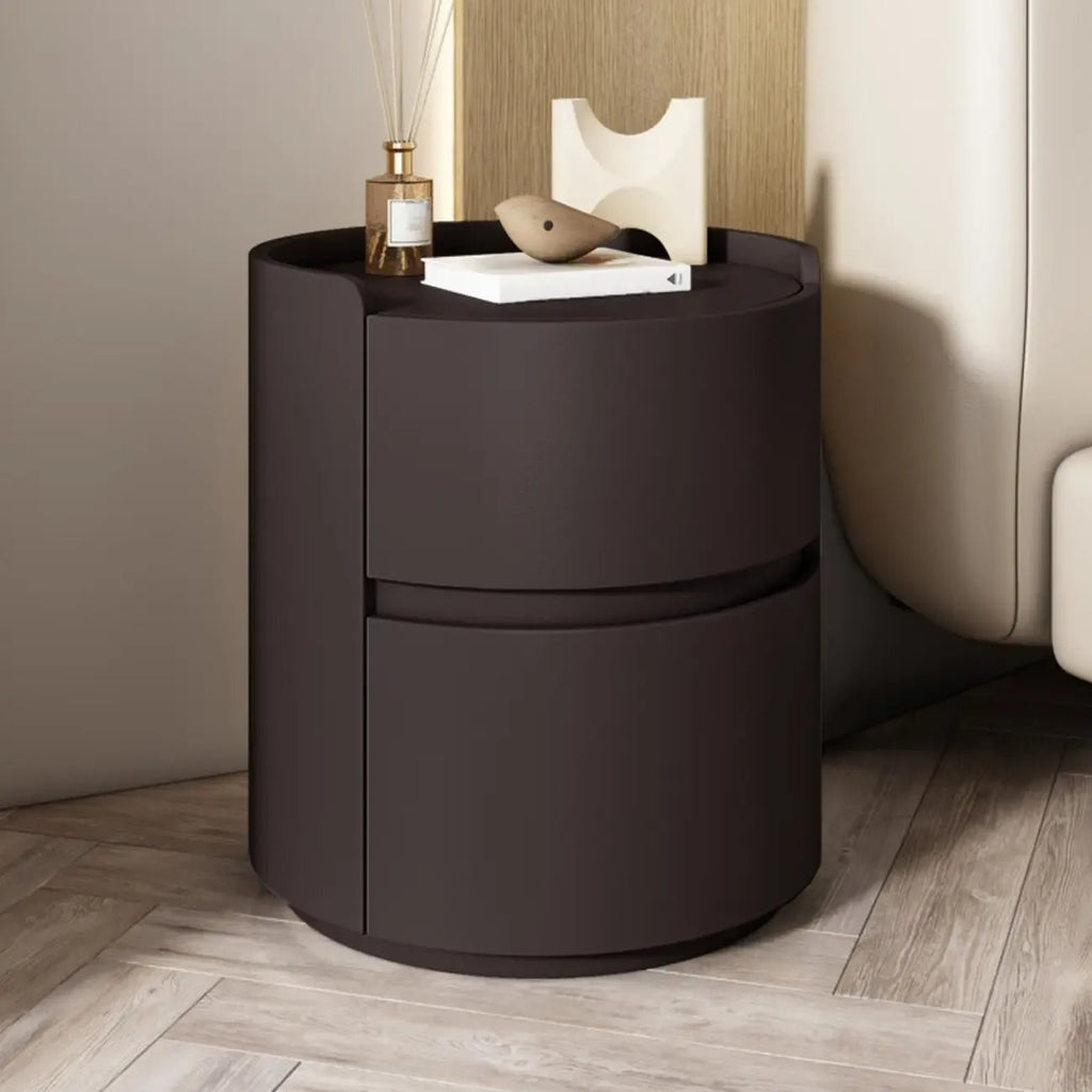 Comodino rotondo moderno con vassoio in pelle e 2 cassetti