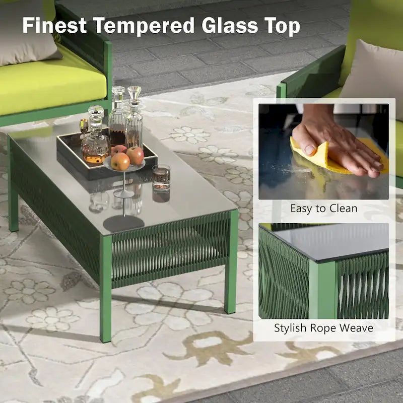 4-delige tuinmeubelset, loungeset voor buiten met tafel van gehard glas, diepe zit en dikke kussens