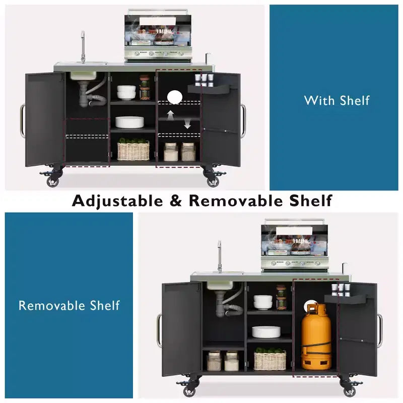 Îlot de cuisine d’extérieur 55.5 avec évier, table de préparation en acier inoxydable avec porte-épices et roulettes verrouillables, chariot pour barbecue, noir - ModernLuxe
