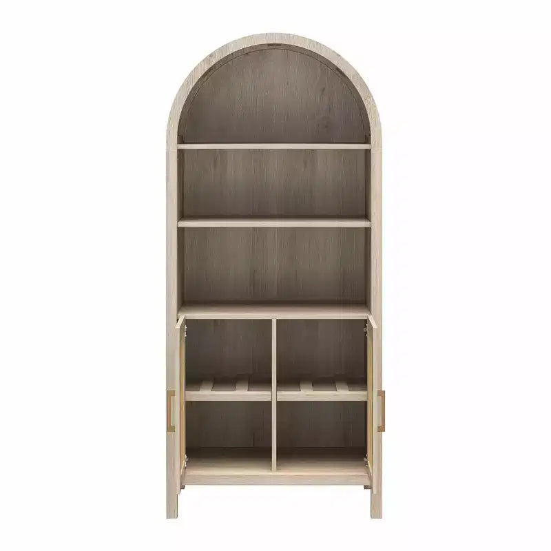 Vitrine bohème à portes cintrées avec 2 portes en faux rotin, 5 étagères réglables pour salon ou cuisine, beige