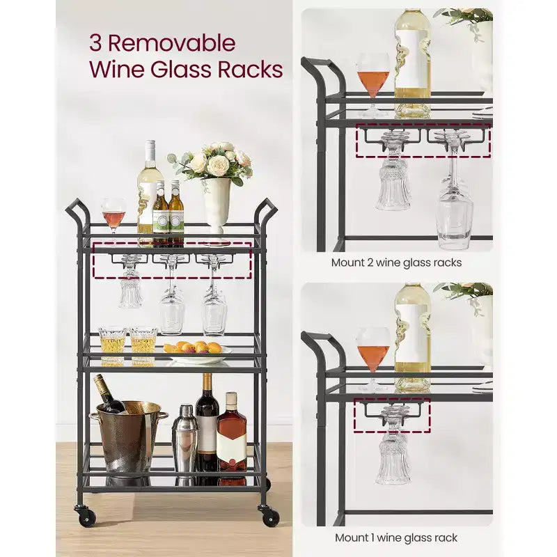 Carrello bar, carrello di servizio per bar domestico, piccolo carrello bar con 3 ripiani, portabottiglie e portabicchieri, carrello bar, 15 x 23.6 x 36.2 pollici