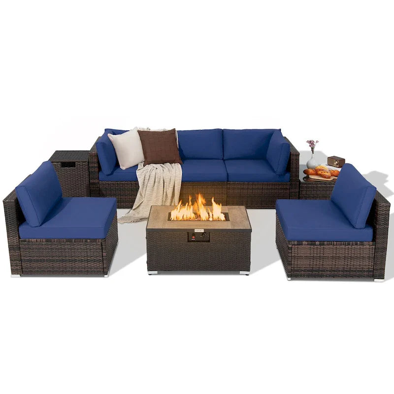 8-teiliges Gartenmöbel-Set aus Rattan mit Feuertisch, Tankhalter, Abdeckung und Terrassenmöbeln
