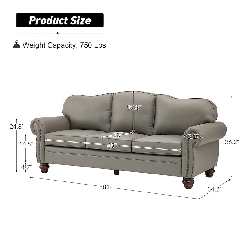 Balvino Sofa mit 81 cm Breite, im Übergangsstil, aus echtem Leder, mit gerollten Armlehnen, Nagelkopfbesatz und abnehmbaren Kissen