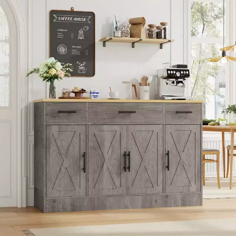 Credenza Celebalcony con contenitore, grande mobile da cucina da 53.4 con 3 cassetti e 4 ante, ripiano regolabile per cucina e soggiorno